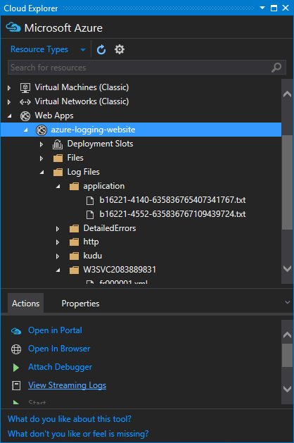 View Streaming Logs from the Cloud Explorer window in Visual Studio